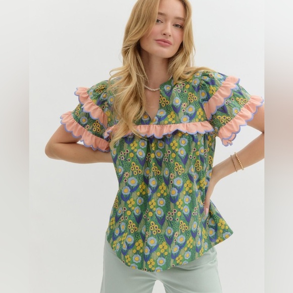 Anthropologie | Tops | Green Coral Ruffled Puff Sleeve Flutter V Neck ...